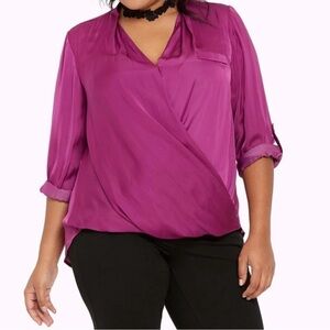 Torrid Satin Surplice Button Sleeves Pocket Blouse Purple Size 2X